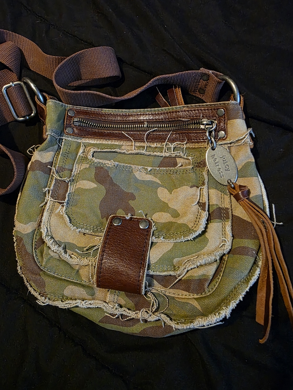 Juicy Couture Green Brown Camo Canvas Shoulder Bag with Metal Logo Tag